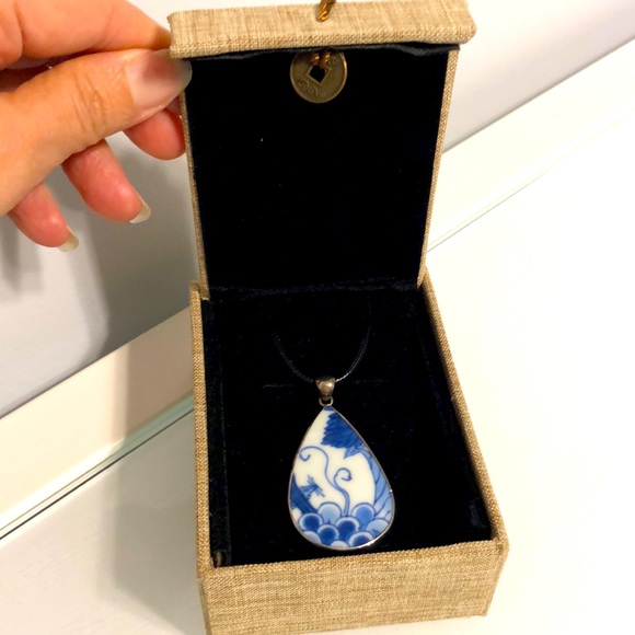 Jewelry - Antique Chinese Yuan Dynasty Blue & White Porcelain Shard 925 Pendant Necklace
